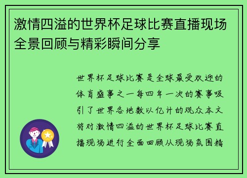 激情四溢的世界杯足球比赛直播现场全景回顾与精彩瞬间分享